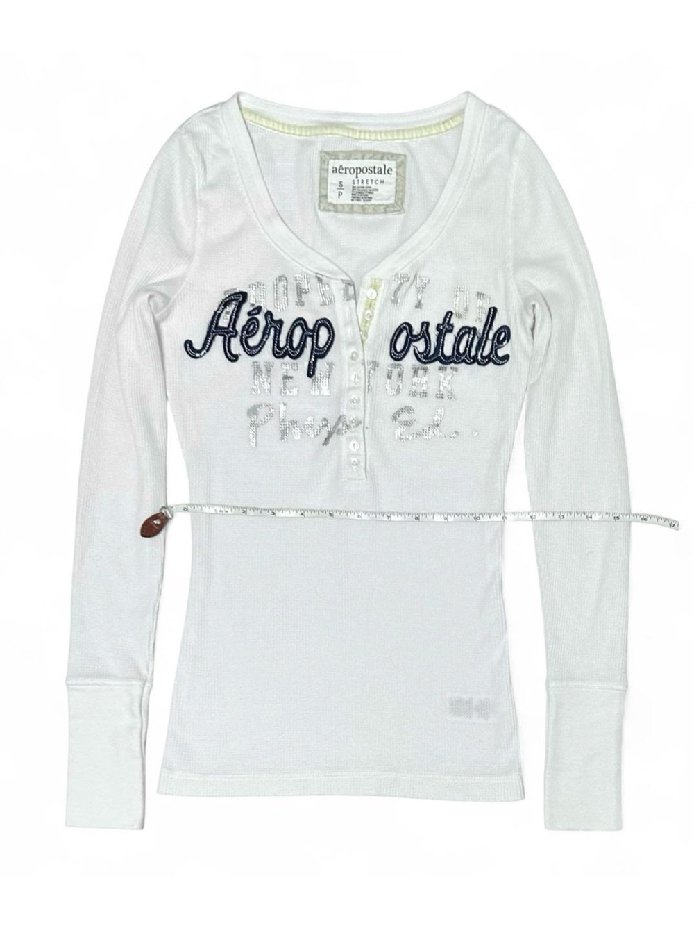Y2K 2000s Aeropostale White Waffle Knit Long Sleeve Henley Top - Picture 3 of 6